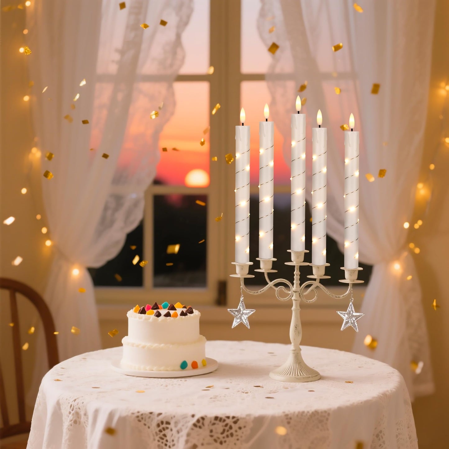 Flameless Taper Candles with Remote for Wedding Decorations，3D Flickering Flame Battery Operated LED Plastic Candles Arounded with Starlight String, Romantic Home Decoration, Pack of 6, White