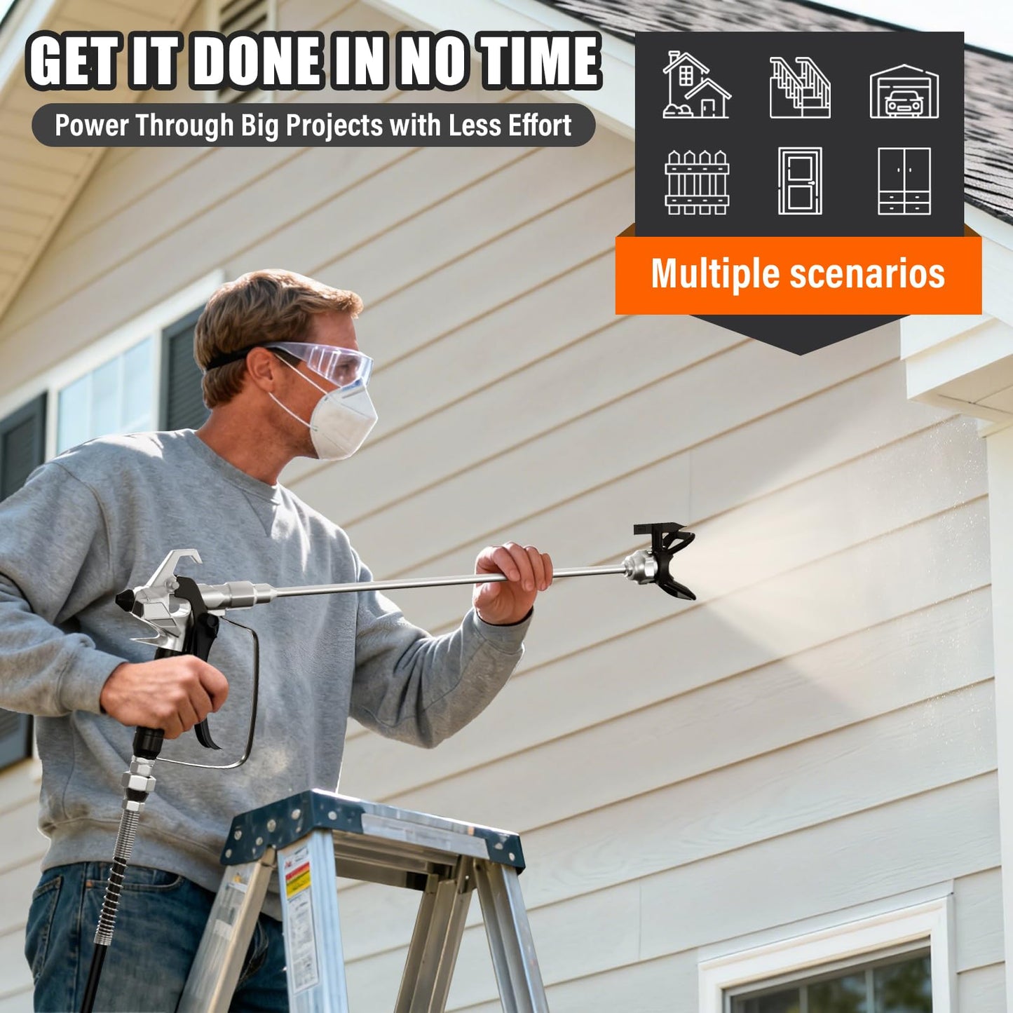 Airless Paint Sprayer - High Efficiency Thinning-Free Electric Spray Gun with Brass Nozzles & Extension Rod, Minimal Overspray for Home Interior/Exterior (Silver)