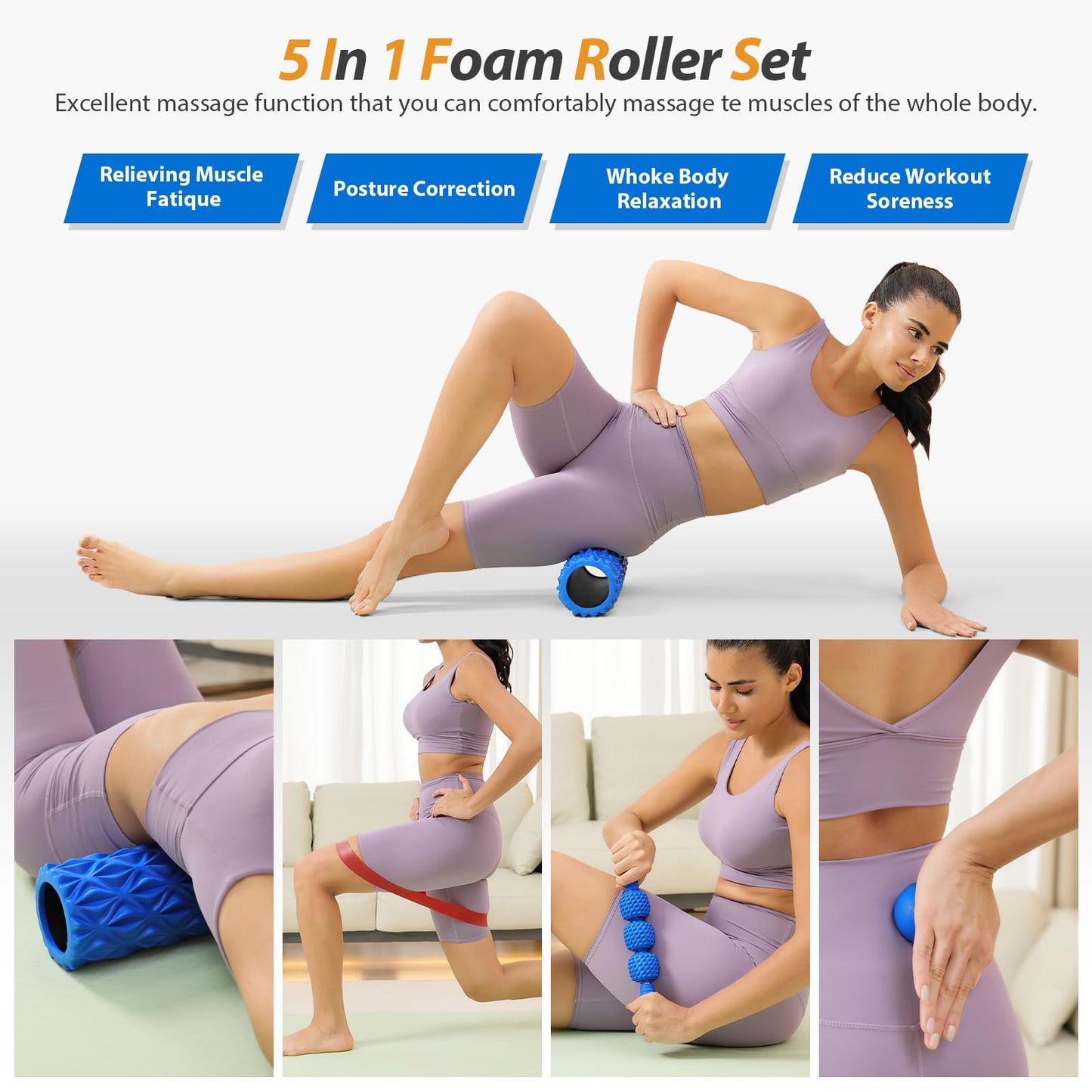 5 in1 Foam Roller Set, Trigger Point Foam Roller, Massage Roller Stick, Massage Ball, Resistance Band for Deep Muscle Massage Pilates Yoga,Fitness Exercise for Whole Body (Black-Red)