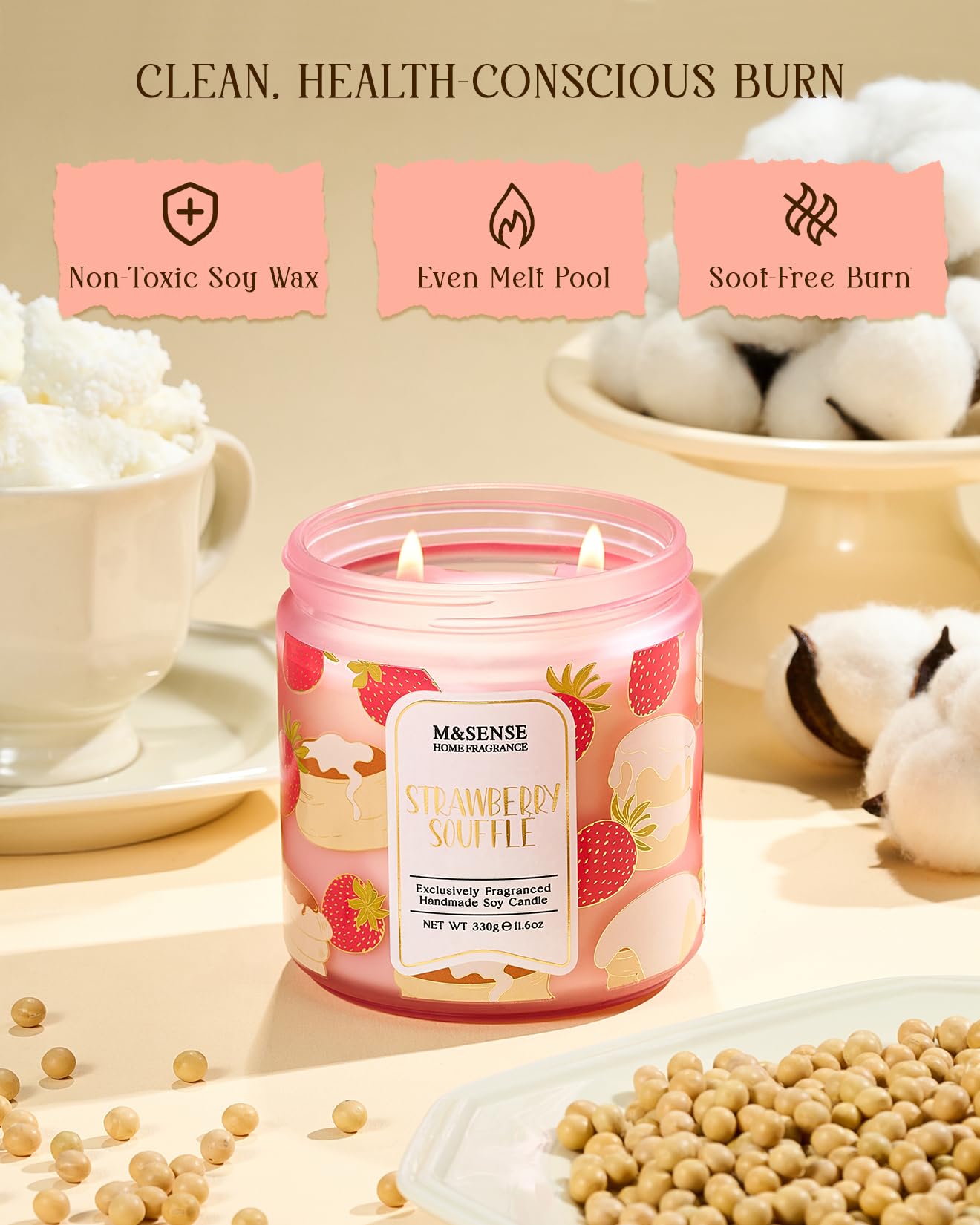 M&SENSE 2 Wick Strawberry Souffle Scented Candle,11.6oz Natural Soy Wax Non Toxic for Home, Up to 70 Hours Burn time,Fall Decorations for Home
