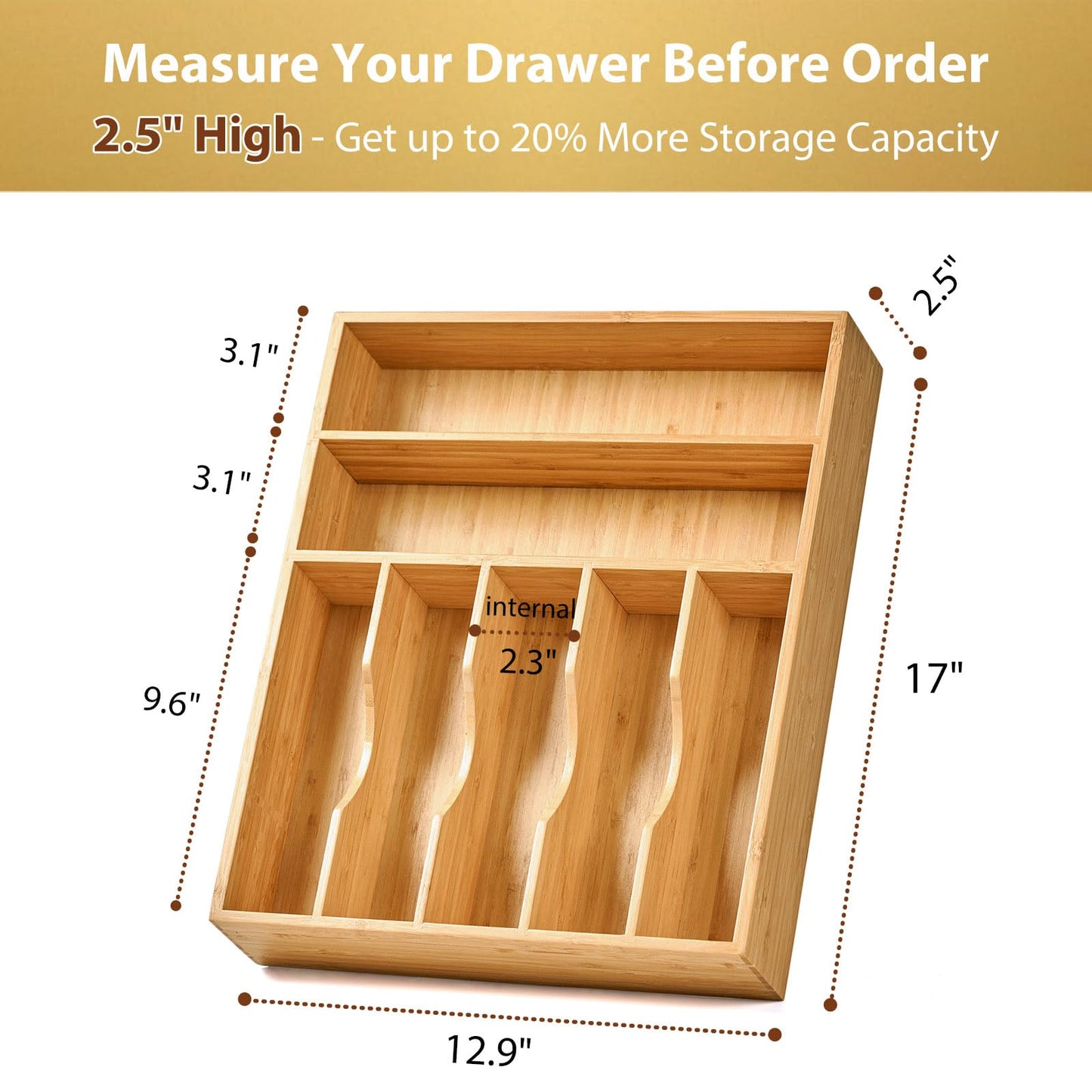 Umilife Bamboo Kitchen Drawer Organizer, 13 Inch Silverware Utensil Tray Holder, Extra Deep Grooved Drawer Divider, 7 Slots Total Bamboo Wood Caddy for Flatware Cutlery Knives, Forks, Spoons