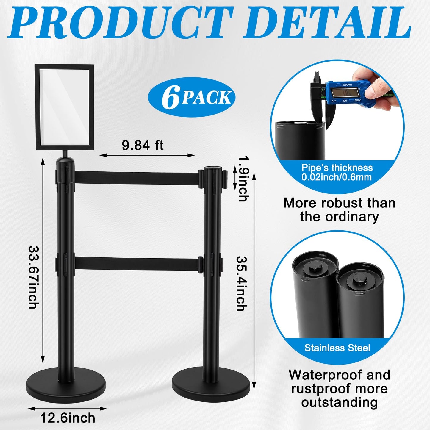 Wonderjune 6 Pcs Crowd Control Stanchions Set Stainless Steel Barrier Post with Dual Retractable Belt 9.8 ft and 1 Sign Holder Crowd Safety Control Barrier Solid Base Easy Connect Assembly