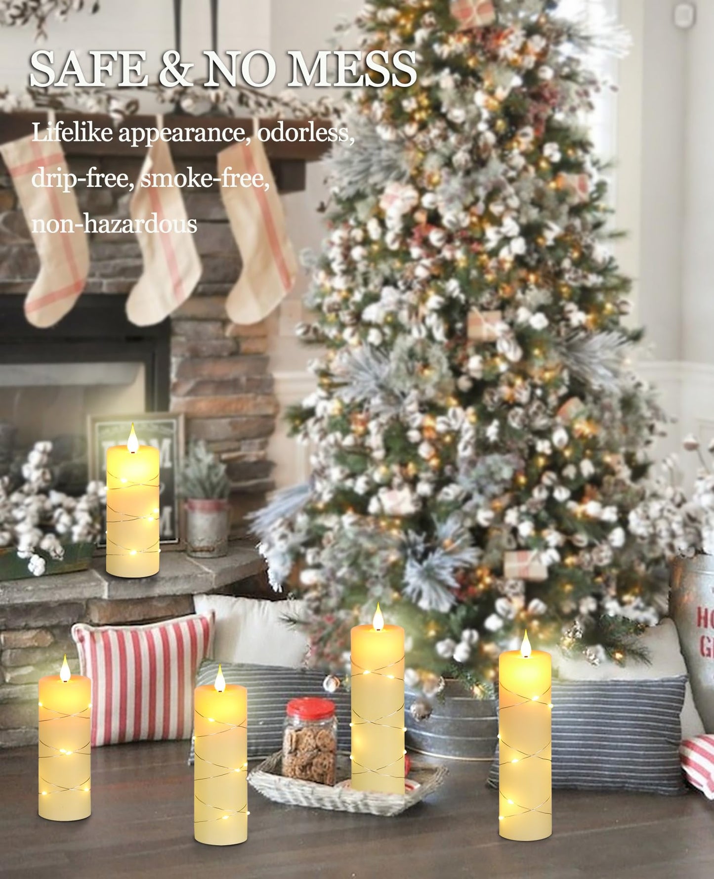 Da by 5 Pack Ivory Real Wax Flameless Taper Candles, Lifelike Flickering LED Flame Candles with Surrounding Fairy String Lights, Battery Candles with Remote for Home Wedding Holiday Decor