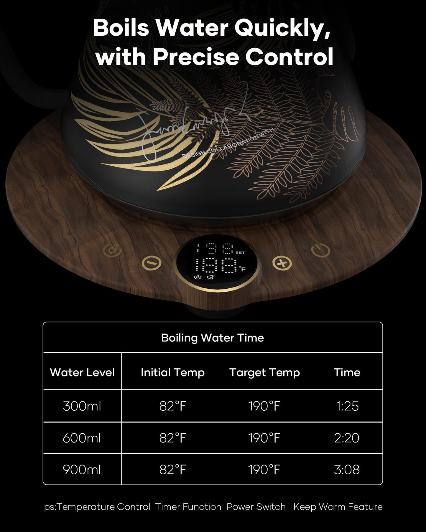 Cocinare Gooseneck Electric Kettle, ±1°F Precise Temperature Control, 1500W Fast Heating, Pour Over Coffee & Tea Kettle with Brew Timer & Keep Warm, Stainless Steel, 0.9L (Rainforest)