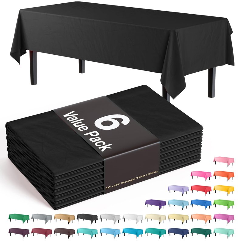Exquisite 6-Pack Plastic Tablecloth 54x108 Rectangle Value Pack Plastic Table Cover - Black