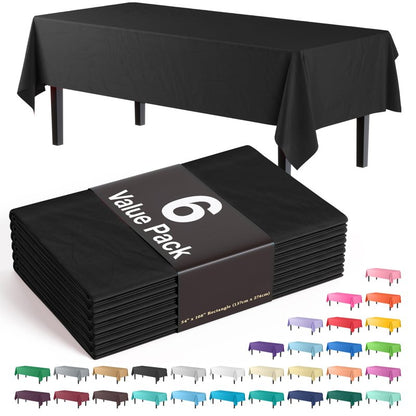Exquisite 6-Pack Plastic Tablecloth 54x108 Rectangle Value Pack Plastic Table Cover - Black
