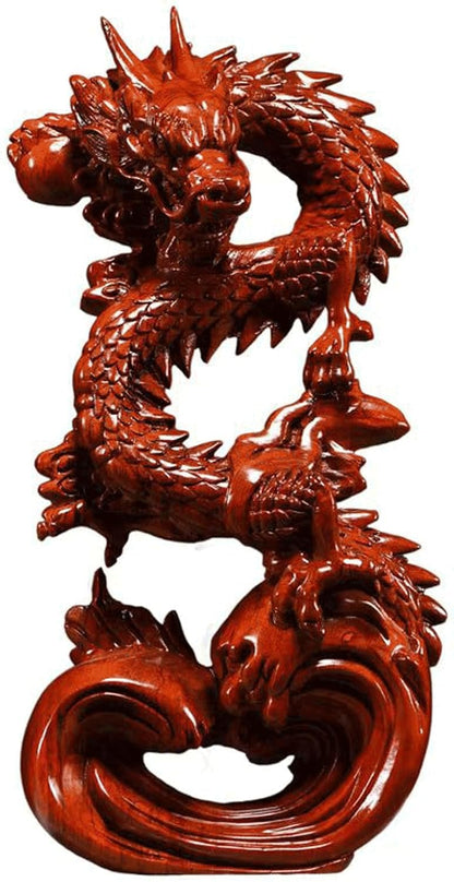 Otjidku Feng Shui Dragon Statue- Chinese Dragon on Wood Sculpture Figurine Ornament Attract Wealth and Good Luck Office Home Decor (Red) (7 Inch)