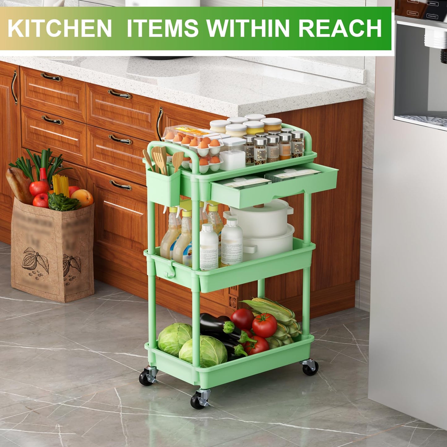 Goovilla 3 Tier Rolling Utility Cart Organizer with Removable Drawer, Stable and Sturdy Black Rolling Storage Carts with 2 Lockable Wheels for Bathroom, Kitchen, Snack, Craft, Makeup, Baby Essentials