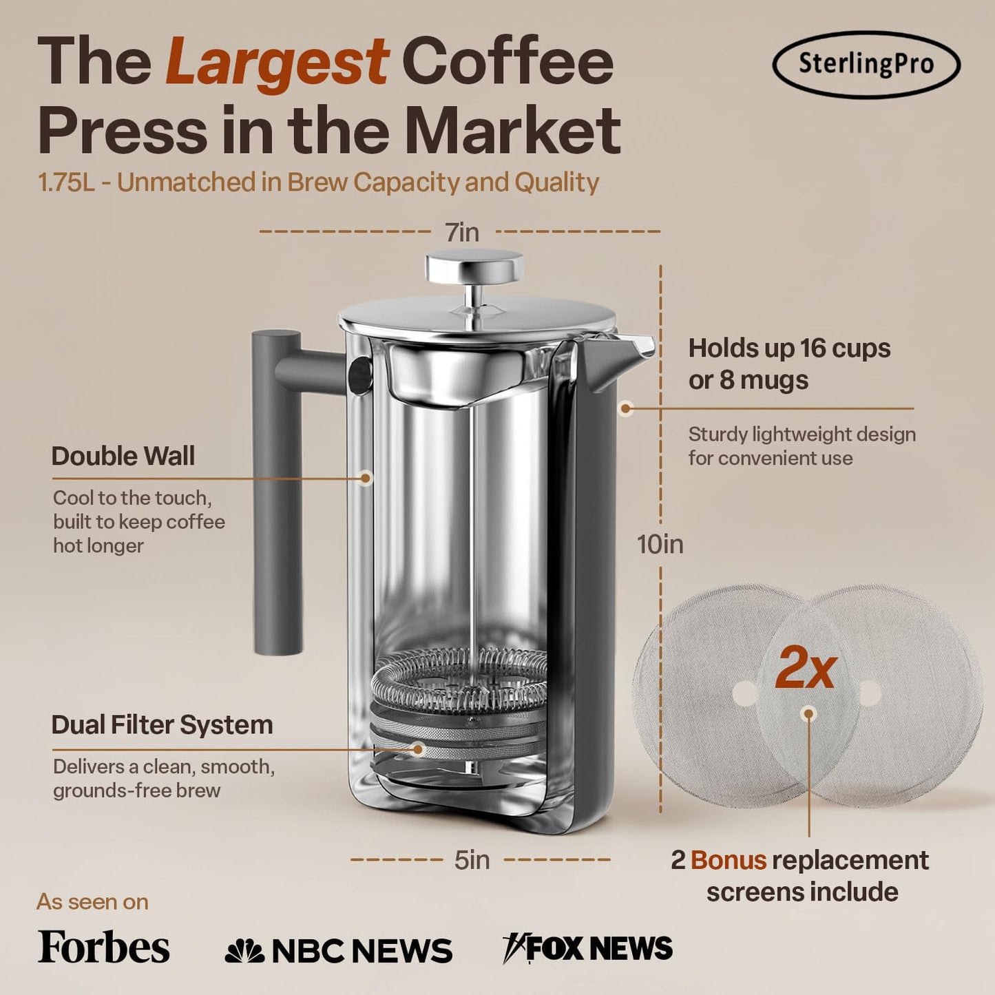 SterlingPro 1.75 L 59 oz Grey Extra Large French Press Coffee Maker and 6 Pack Replacement Screens Bundle Stainless Steel Double Wall Insulated for Tea and Coffee