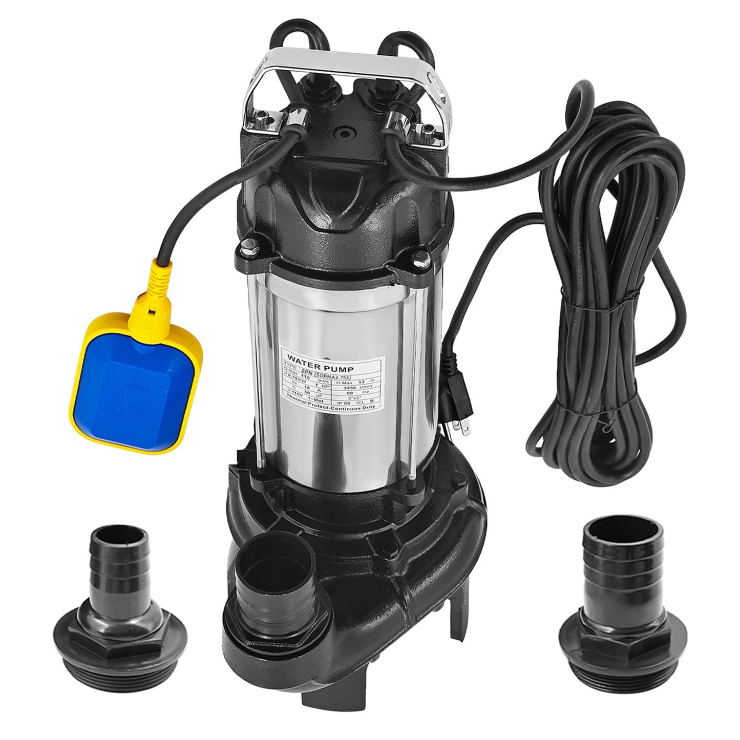 115V 1 HP 50PN2.75S 8PN Submersible Pump with Auto Float Switch 8-PN 6600GPH 110GPM Dewatering Sewage Sump Pump Stainless Steel w/ 2" 1.5" 1" Discharges 50PNA2.75S
