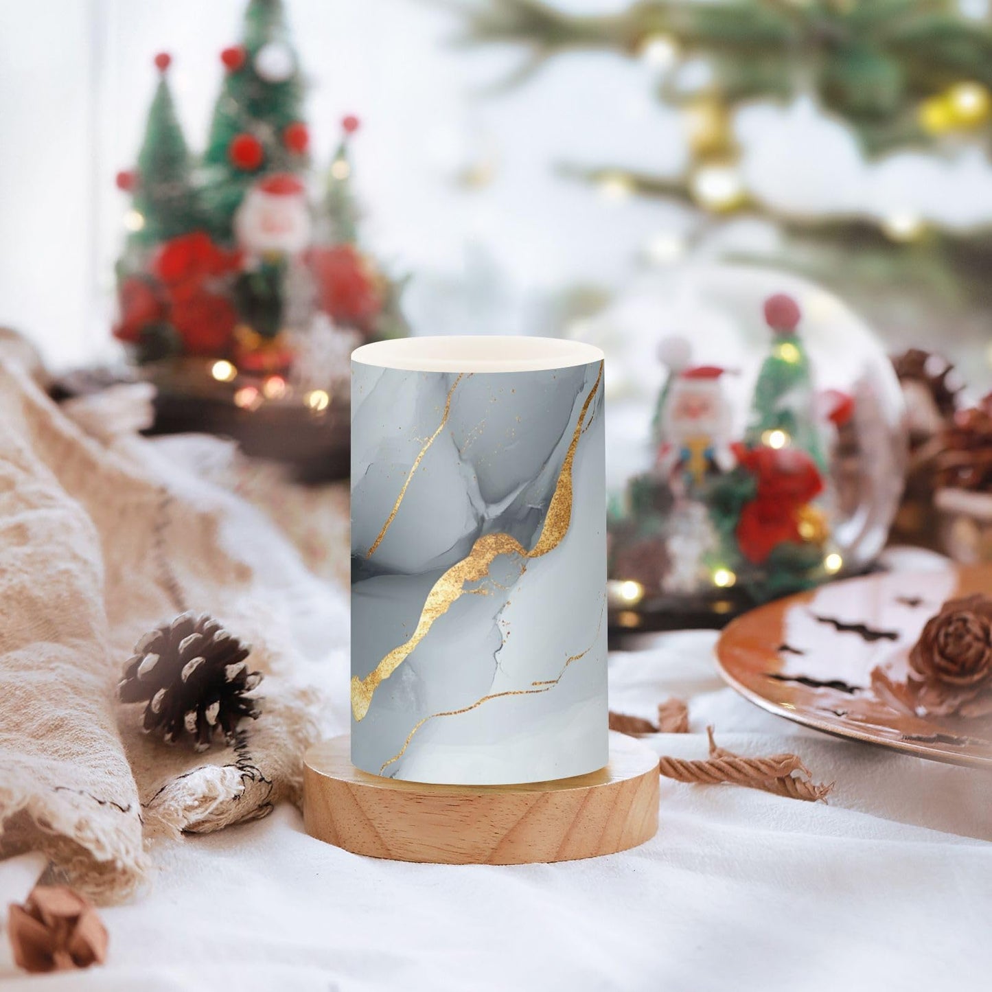 famyily Marble White Gray Flameless Candles Led Pillar Candles with Timer for Dining Room Table 4" 5" Set of 2