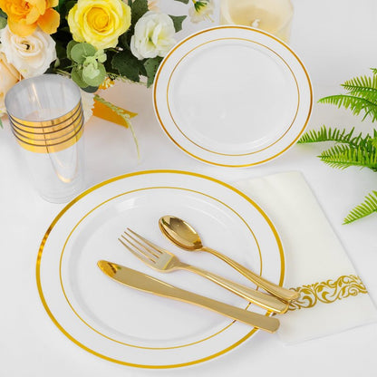 Supernal 400pcs Gold Glitter Plastic Dinnerware, Disposable Plates for Party Include 50 Gold Plastic Plate, 50pcs Dessert Plate 100 Glitter Forks, 50 Disposable Knives and Spoons, 50Cups and Napkins