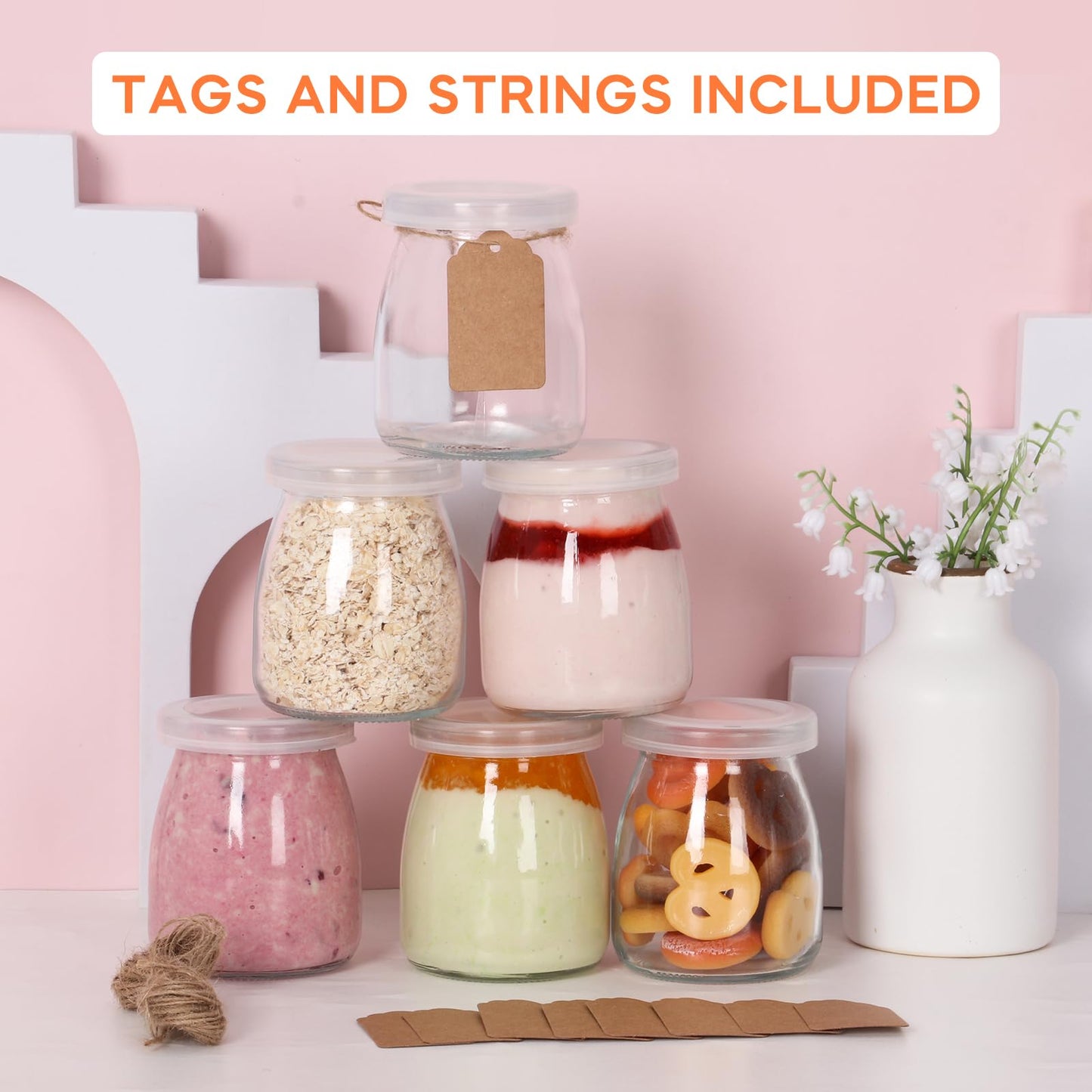 6.7oz Small Glass Jars 20Pack, Clear Glass Pudding with PE Lids and Tags, Spice/Glass Jelly/Yogurt/Candle Containers/Small with Lids (Set of 20)