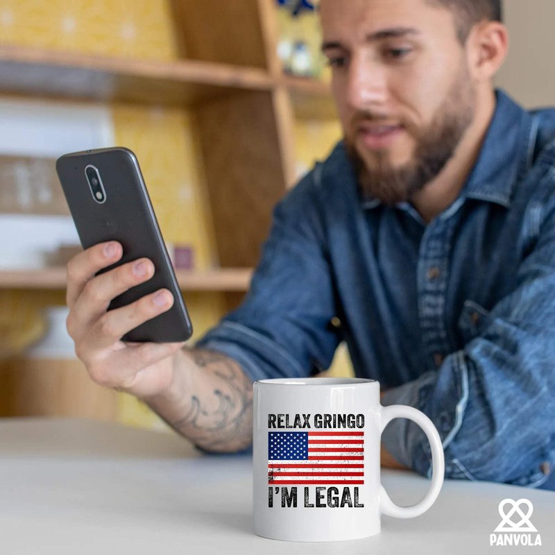 Panvola Relax Gringo I'm Legal I'm A New American Citizen Citizenship Gifts For Family Friends Immigration New Citizen Gift Celebration US Flag Ceramic Mug (White, 11 oz)