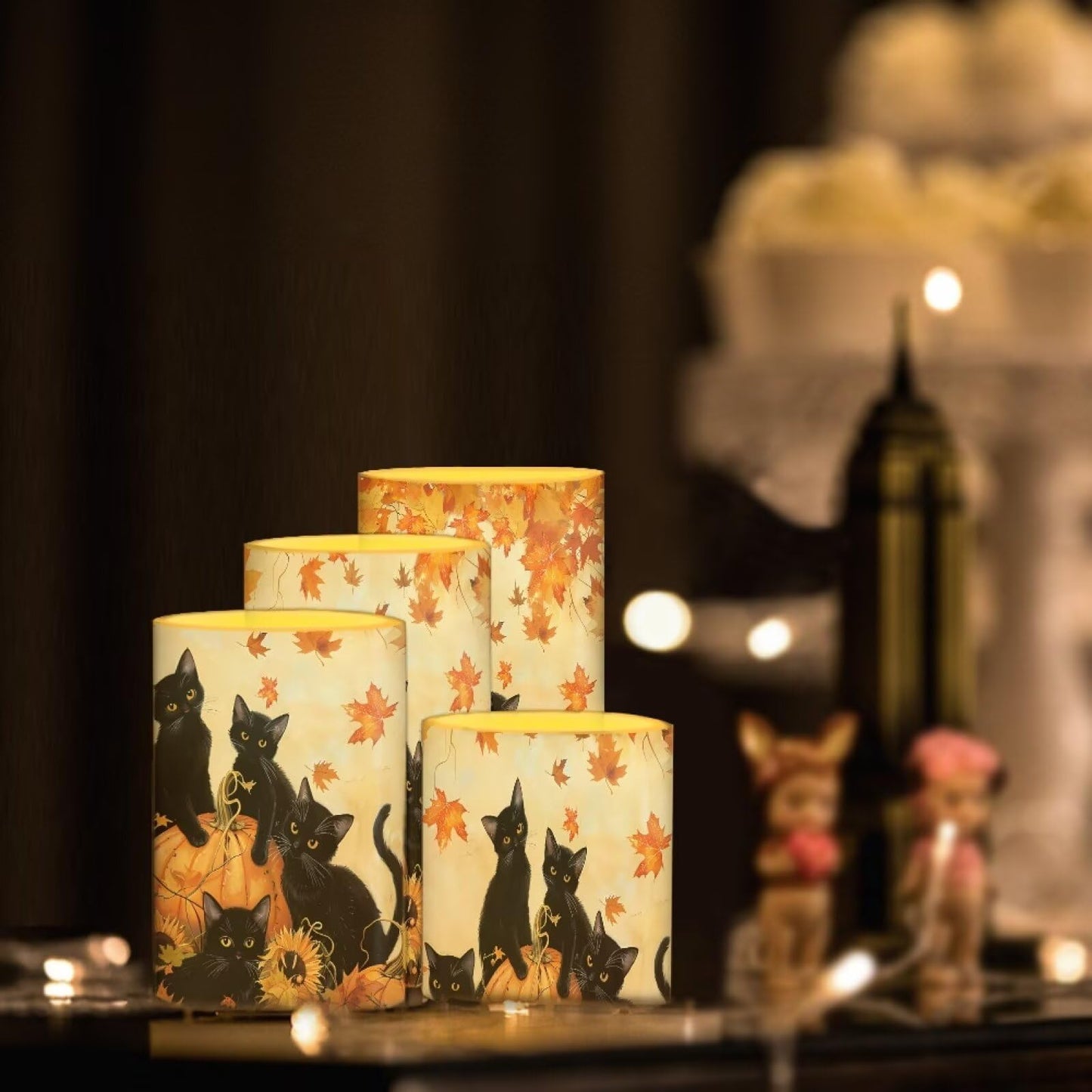 NETILGEN 4 Pcs Flickering Flameless LED Candles with Remote Timer Control Long Lasting Pillar Candles for Thanksgiving Day Decor Maple Leaf Black Cat Print