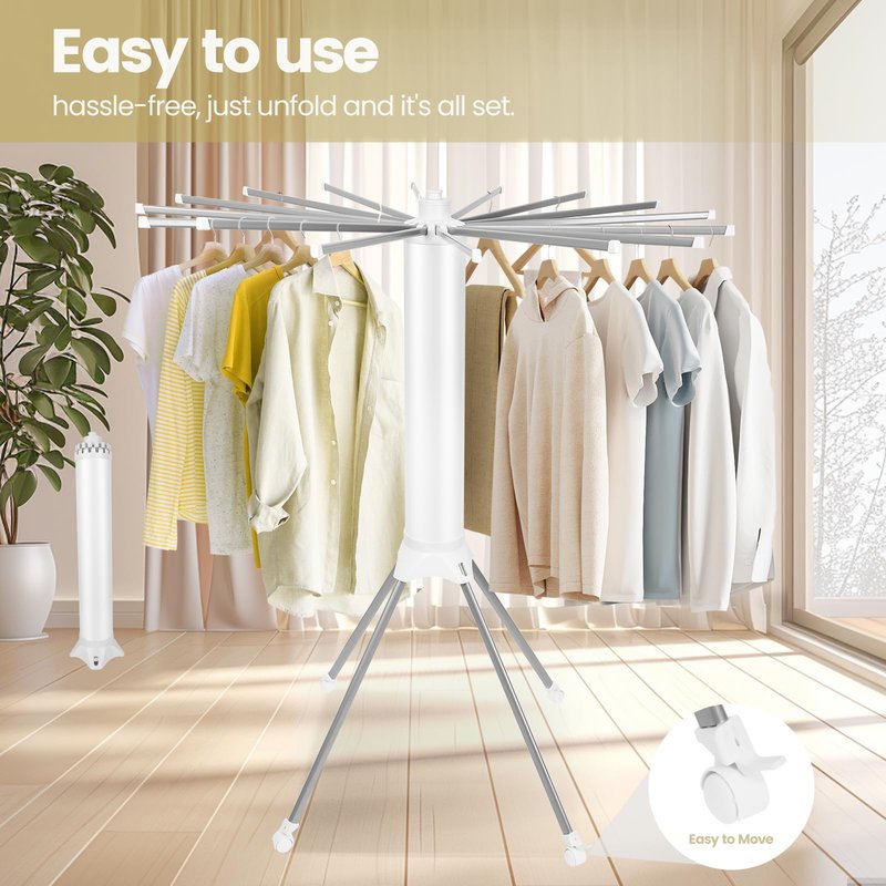 Pheluoca 4-Legged Clothes Drying Rack Foldable Drying Rack Clothing,Portable Laundry Drying Racks with 4 Pulleys & 16 Rack for Drying Clothes, Indoor, Balcony,Poolside,Camping,White