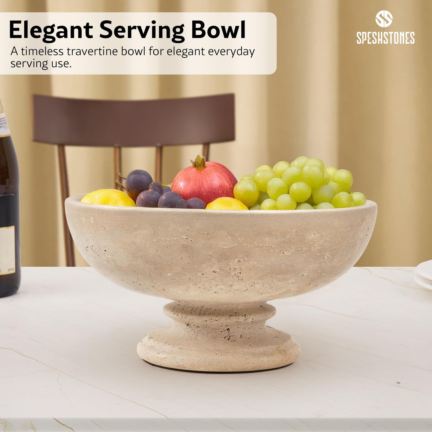 SPESHSTONES Marble Fruit Bowl for Kitchen Counter 10 Inch Handmade Travertine Serving Bowls for Dining Tables Centerpieces, Gifts & Home Decor, Candy Dish, Decorative Pedestal Bowl for Fruits Storage
