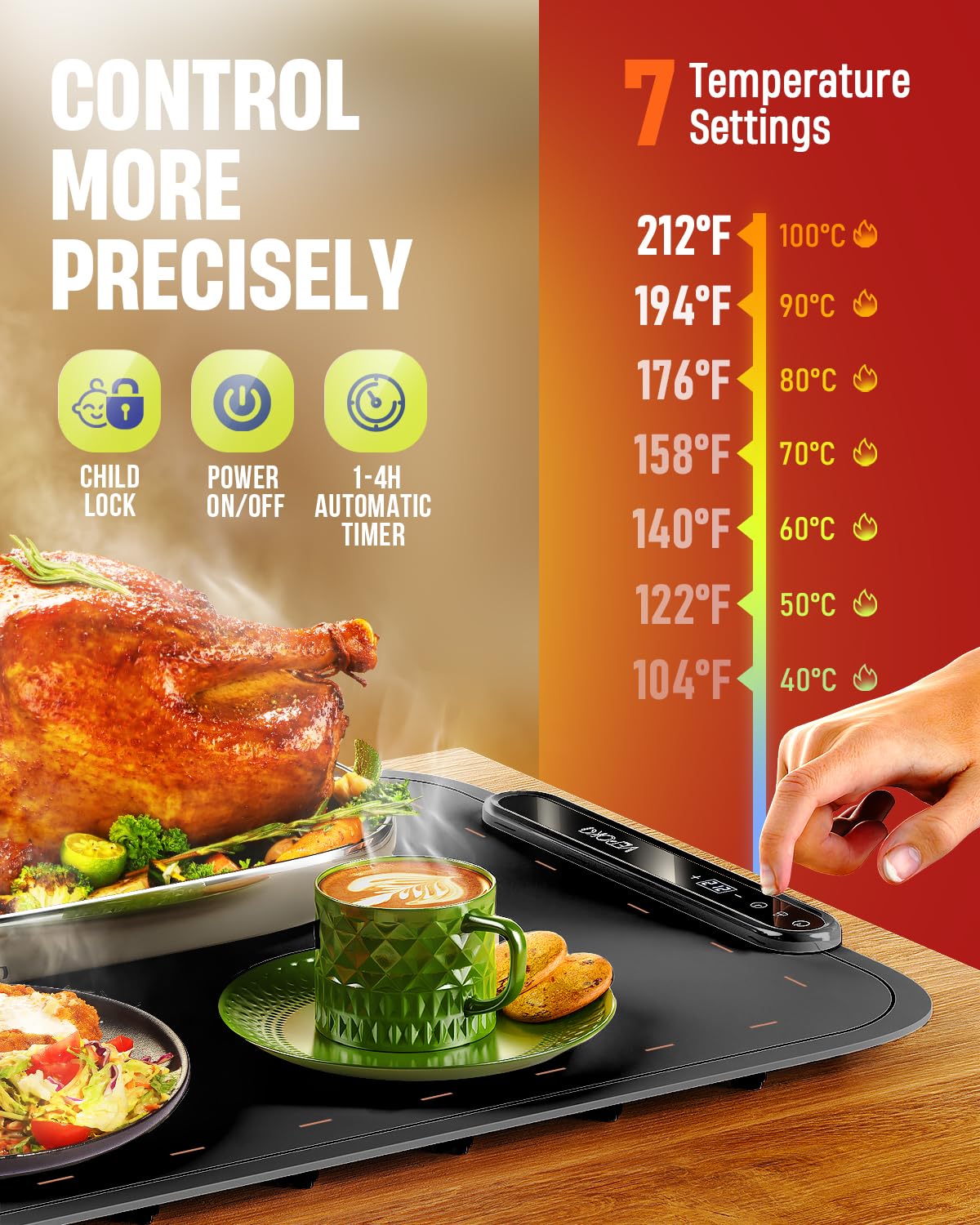 Warming Mat for Food, VEPOKA Food Warmer Mat for Countertop, Electric Warming Tray with 7 Temp Levels & Auto Shut-Off, Food Warmers for Parties, Ideal Gift for Kitchen & Buffet Use