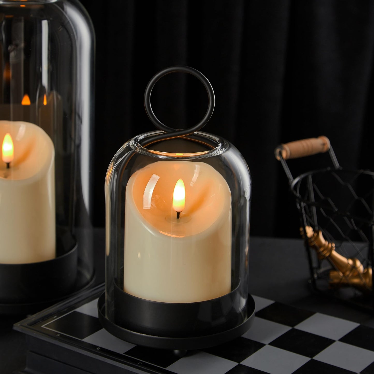 Ganwu 5"&4" Metal Candle Holder with Handmade Glass Dome in Brass & 2 Timer Candles, Set of 2 Versatile Hurricane Glass Candle Holders for Pillar Candles & Plants