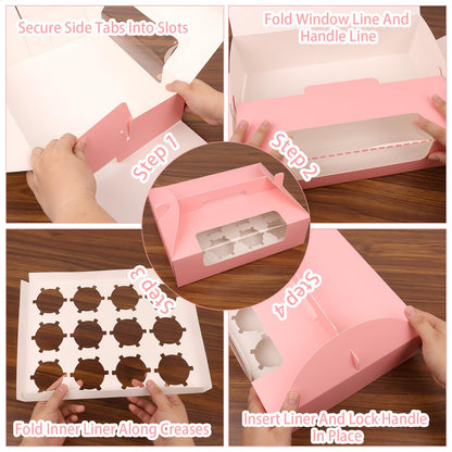 FORBFAN 30 Pcs Cupcake Boxes, 12 Count Muffin Boxes with Handle, Window, and Inserts, Pink Cupcake Holders Bakery Carrier Boxes for Cookies Treats Dessert