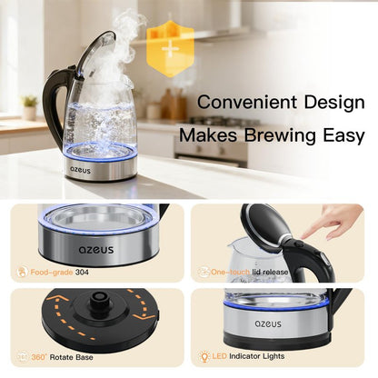 AZEUS Glass Electric Kettle - 1.8L Fast Boiling Auto-Shutoff & Anti-Dry Heat Safety Kettle for Home/Office, Borosilicate Glass with LED Indicator (white)