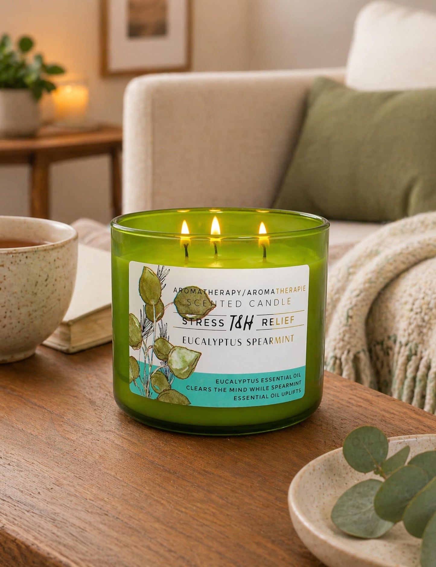 Eucalyptus Spearmint Scented Candle | 15.8 oz Large 3 Wick Soy Candle | Soothing Aromatherapy Candle for Home | Fresh Mint Spa Scent | Long Lasting Clean Burn | Relaxation & Yoga Gift for Women & Men
