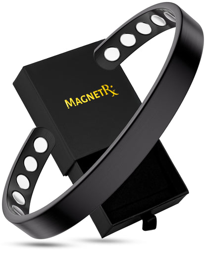 MagnetRX® Magnetic Bracelets for Men & Women - Elegant Bangle Men’s Cuff - Golf/Tennis Elbow & Balance, Stainless Steel Magnetic Bracelets for Women (Black | Medium)