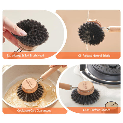 Dish Brush Set of 2, Wooden Handle Natural Bristle Scrubber, Non-Scratch Grease Absorbent for Non-Stick & Cast Iron Cookware, Kitchen Dishwashing Scrub Brush for Cleaning Dishes, Pots, Pans, Sink
