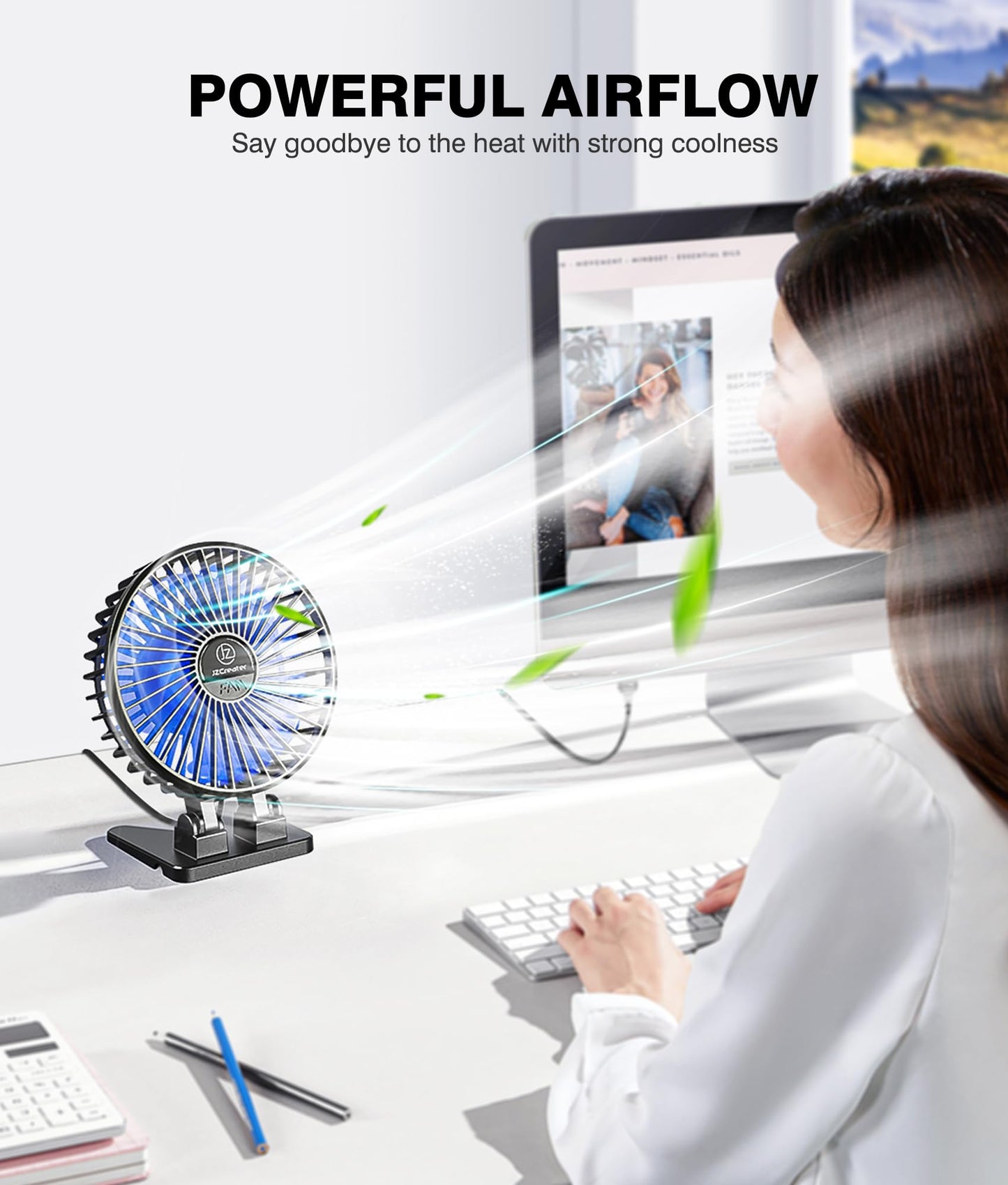 JZCreater USB Desk Fan, Mini Portable Fans, 3 Speeds Desktop Table Cooling Fan, Plug in Power, Rotation Strong Wind, Quiet Personal Small for Home Office Travel Bedroom, Black Blue