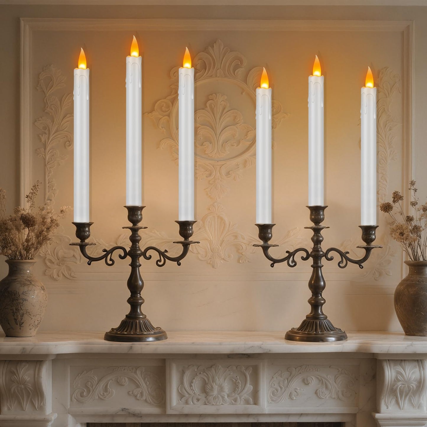 wemarry 10" Flameless Taper Candles with Remote, 6 Pcs White Electric Led candlesticks, PlasticTall Taper Candles Battery Operated with Flickering Flame for Halloween Christmas Wedding Home Décor