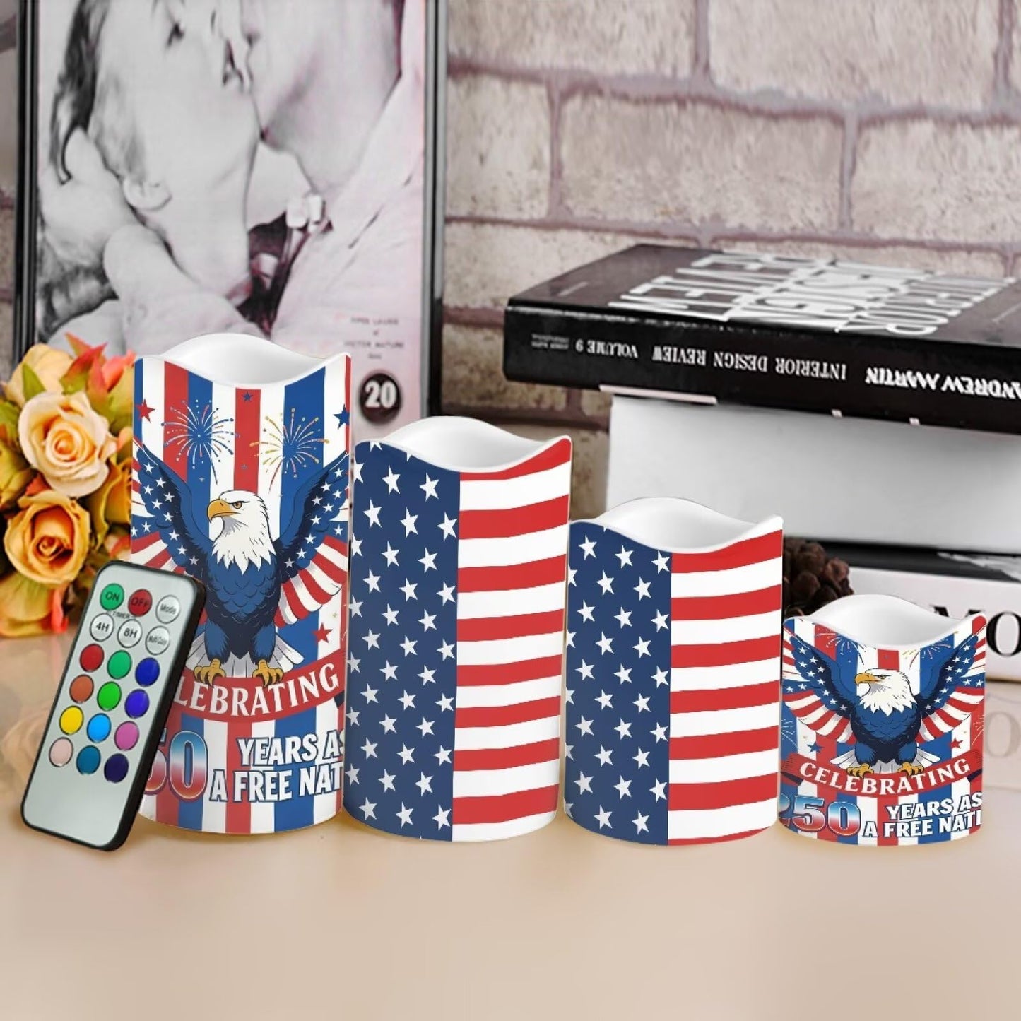 Uorisanigo American Flag Flameless LED Candles Set of 4 Bald Eagle Battery Operated Candles Red White Blue Fake Candles for Fourth of July Holiday Party Table Centerpieces Living Room Decorations