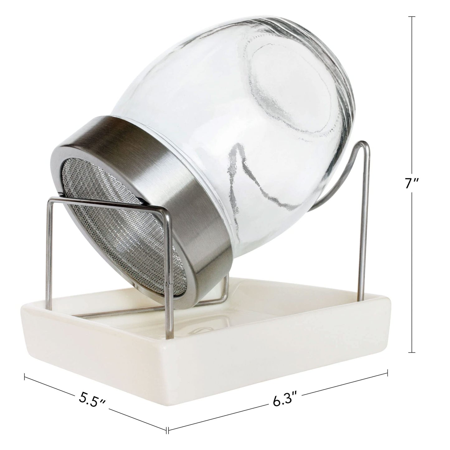 GEO Sprouting Jar - Italian Design - Glass Jar with Stainless Steel Screen, Rim, Stand on Ceramic Base
