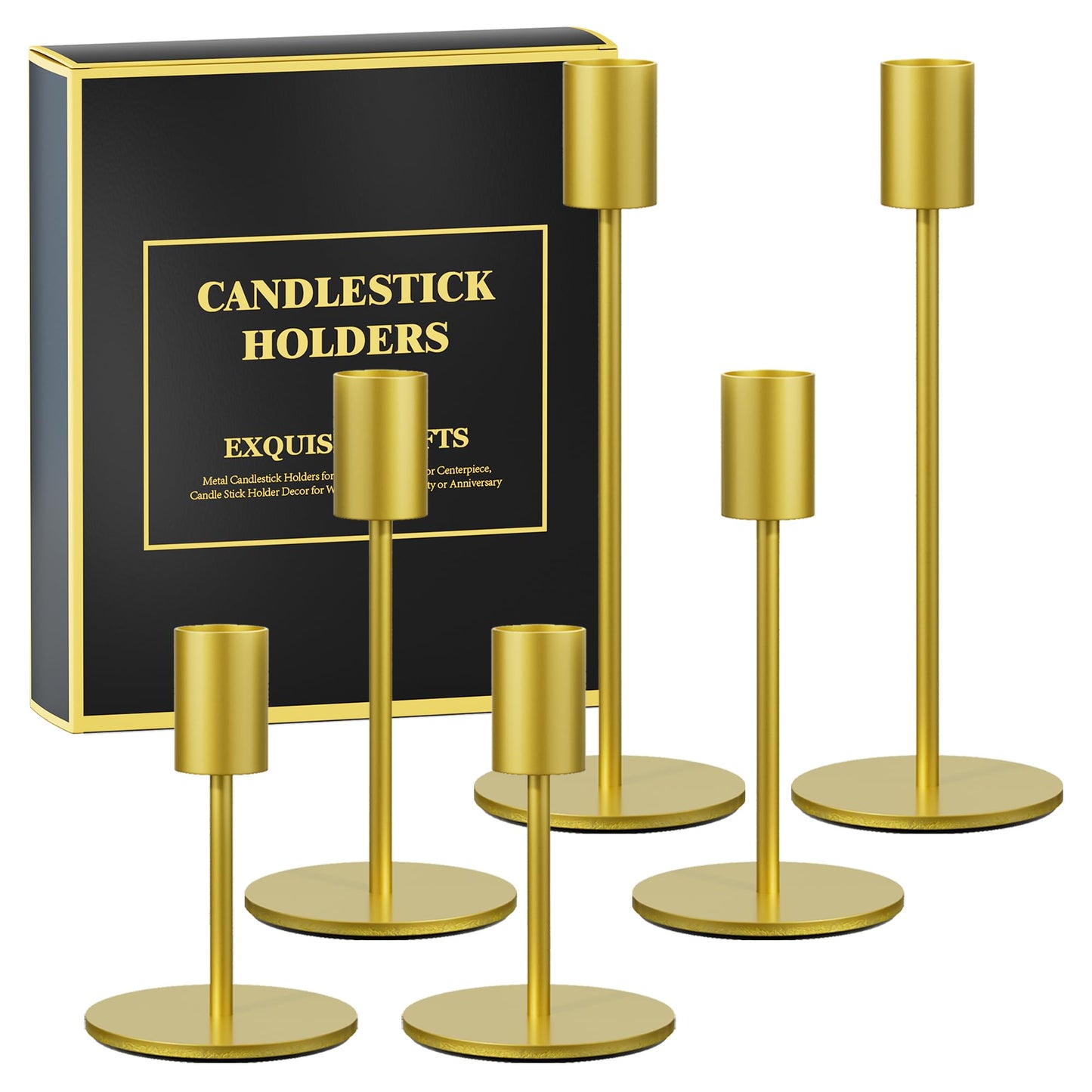 FSyueyun Gold Candle Holder Taper Candle Holders, Set of 6 Candle Stick Holders Decor for Mantel Table Centerpiece, Used for Wedding, Dinning, Housewarming Gift