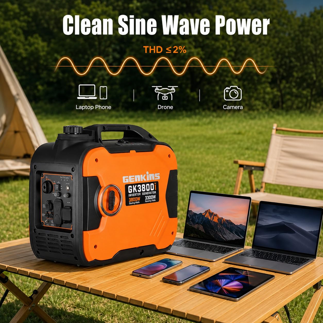 GENKINS 3800W Portable Inverter Generator,Gas Powered,163cc 4-Stroke OHV,Parallel Capable,CO Sensor & ESC Fuel-Saving, EPA Compliant for RV Ready 30A Outlet, Camping & Outdoor Use