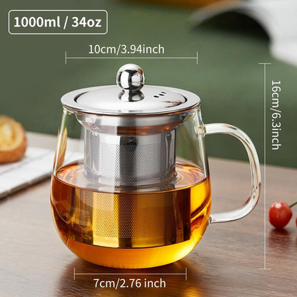 DOPUDO Glass Tea Cup with Infuser and Lid, 34oz/1000ml Large Borosilicate Teacup, Clear Mug for Loose Leaf Blooming Tea, Dishwasher Safe - Tea Maker Gift for Birthday