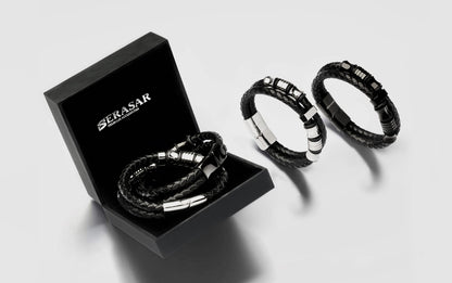 SERASAR 8″ Black Leather Bracelets for Men Mens Cowhide Gift Box Braided Bracelet Stainless Steel Jewelry Wrist Band Cuff Wrap Rope Bangle Dad Man Pulseras para Hombres Cuero Regalo