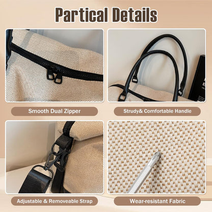Travel Duffle Bag for Women, Canvas Carry On Weekender Overnight Bags with Wet Pocket, Gym Tote Bag for Business Trip Sports (Beige Black)