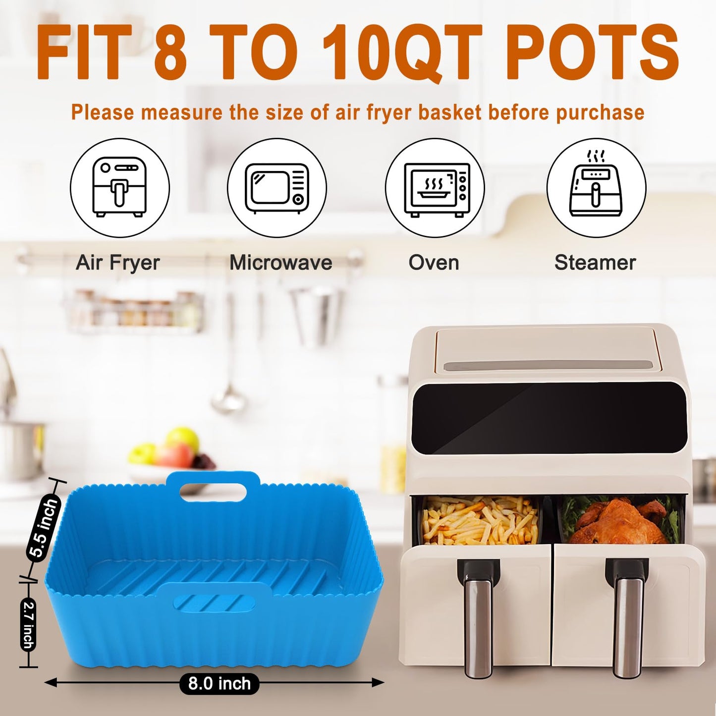 Air Fryer Silicone Liners Square 2 Pack 7.1 Inch Airfryer Liners 4-7 QT Reusable Air Fryer Liners Silicone Pot Oven Liner Baking Tray, Air Fryer Basket Silicone Mat Bowl Air Fryer Accessories Kitchen