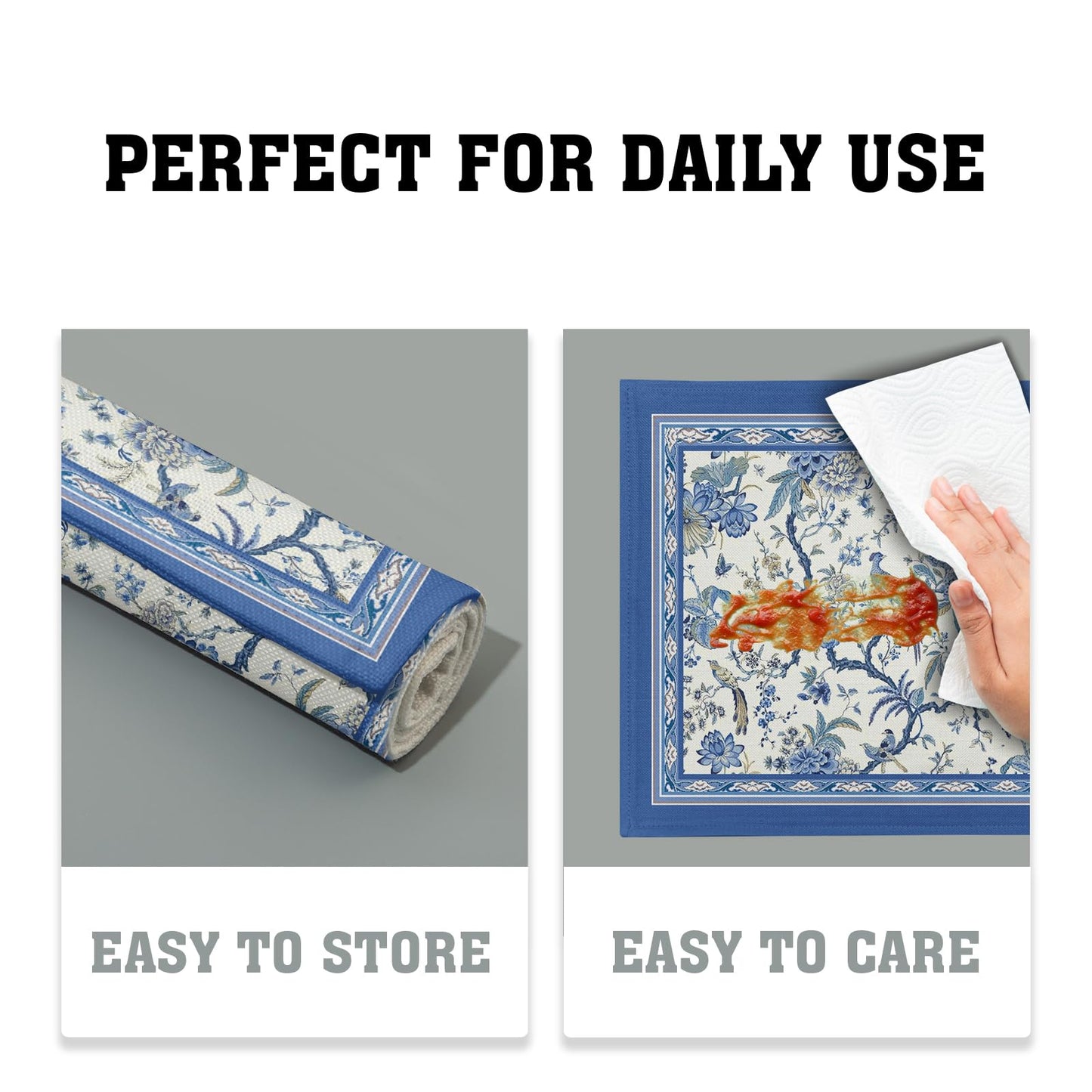 Giwawa 4PCs Chinoiserie Placemats Blue White Floral Birds Decorative Linen Table Mat 12"x18" Oriental Style Classic Flowers Heat Resistant Washable Place Mats for Kitchen Dining Party