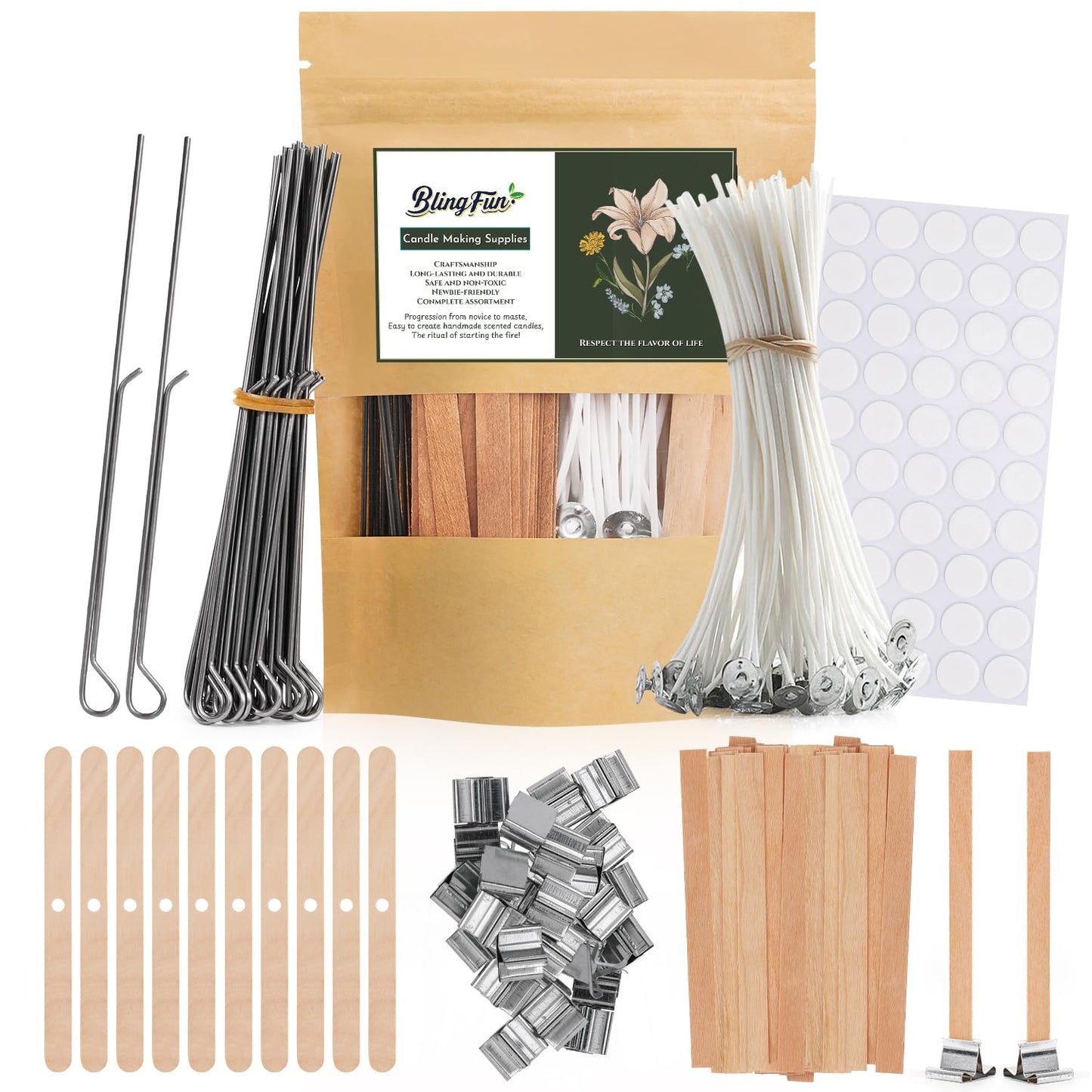 BlingFun Candle Making Supplies Kit - Natural Cotton & Wooden Wicks with Stickers, Sustainers, Holders for Soy Wax, Beeswax, Coconut Wax DIY Candle Making Supplies (Pack of 6)