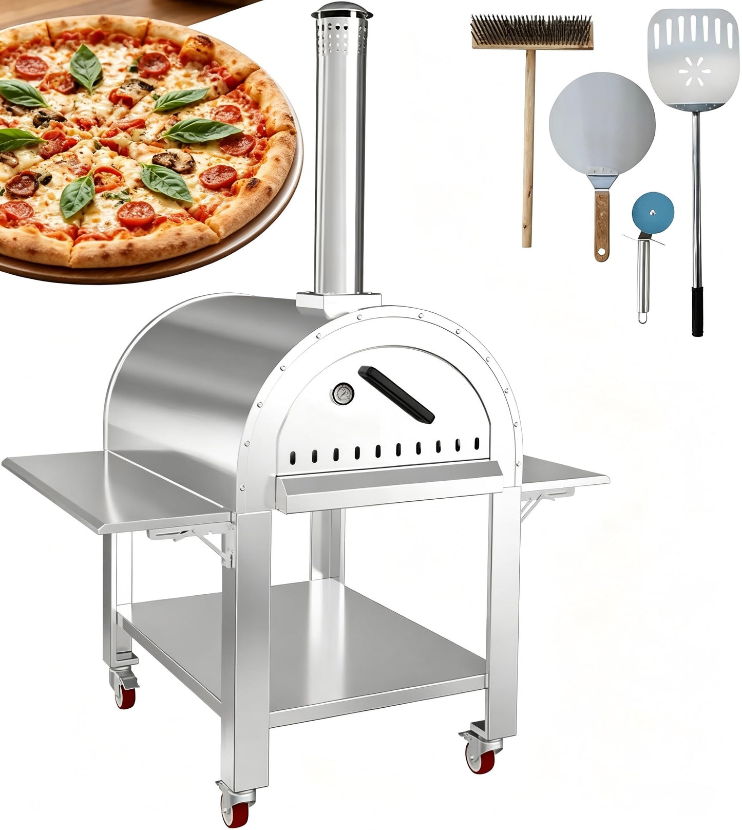 Garvee 44 Inch Pizza Oven Outdoor,Wood Fire & Propane Gas Dual Fuel with Wheels and Accessories in Stainless Steel for Restaurant, Backyard, Garden, Patio, Camping, Silver