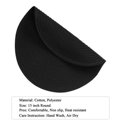 SHACOS Black Round Placemats Set of 12 Heavy Cotton Polyester Woven Braided Place Mats Washable Heat Resistant Non Slip Table Mats