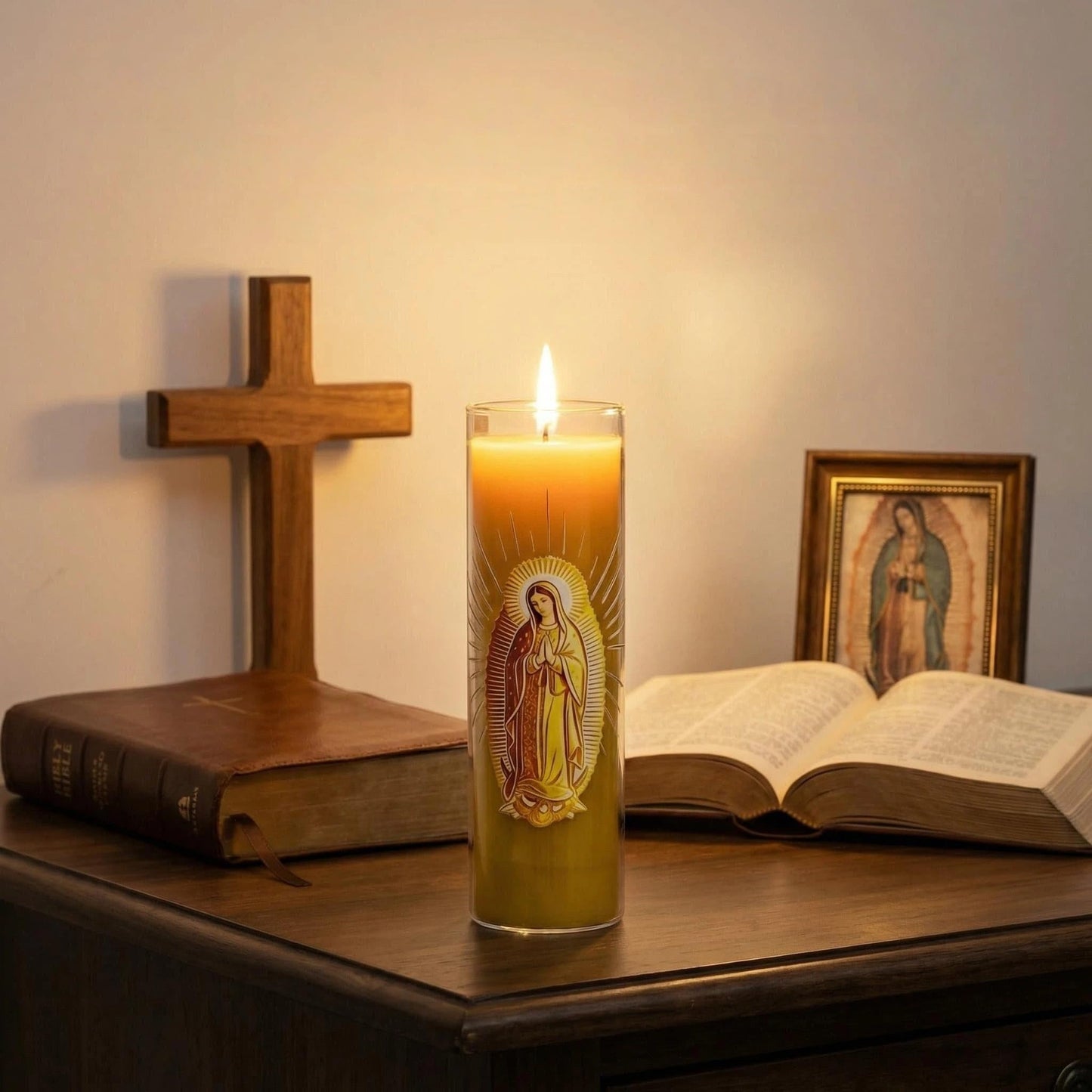 Virgen de Guadalupe Glass Beeswax Pillar Candle, 80-Hour Long Burning Smokeless Dripless Emergency Candle for Church, Prayer & Meditation, Christian Gifts for Women (Yellow, White)