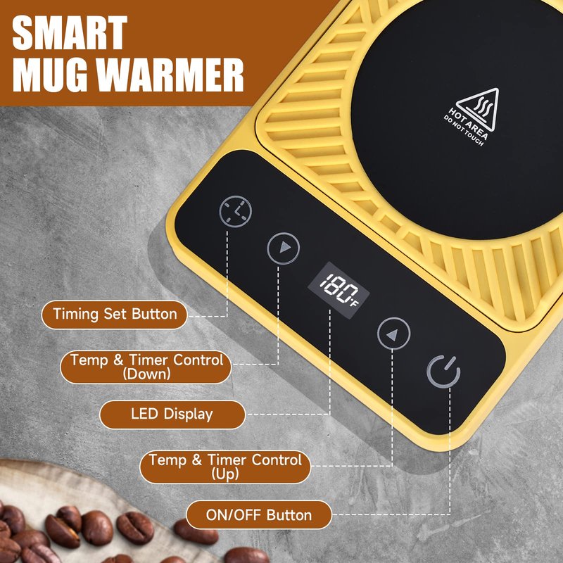 Mug Warmer - Electric Coffee Mug Warmer with Timer,Coffee Cup Warmer for Desk Auto Shut Off,Smart 6-Temperature Control, Coffee Accessories for Coffee Lovers, Yellow