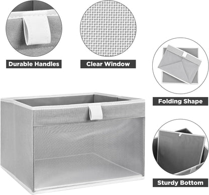 Linen Closet Organizers by [Brand Name] - Foldable Storage Bins with Mesh Window | 4-Pack Gray Baskets (12.75" x 12.75" x 9")
