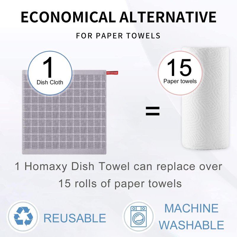 Homaxy 100% Cotton Terry Kitchen Dish Cloths, Ultra Soft and Absorbent Dish Towels for Kitchen, Suitable for Drying and Washing Dishes, 8 Pack, 12 x 12 Inches, Light Grey