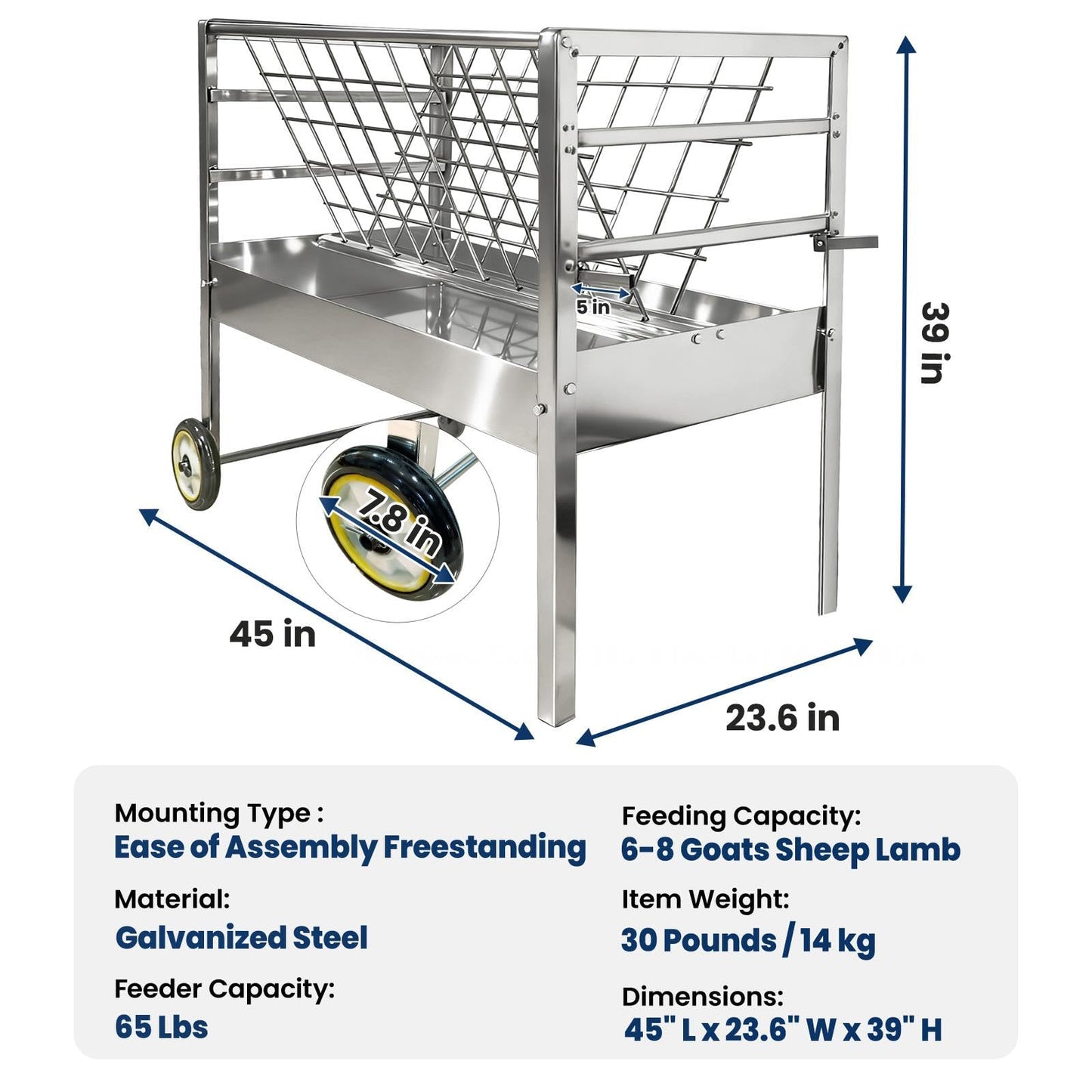 Goat Hay Feeder with Wheels, Goat Feeder 2‑in‑1 Galvanized Steel Heavy‑Duty Design, Large Capacity Rust‑Proof Livestock Feeder, Easy to Clean Mobile Cart for Goats, Sheep, Horses & Ponies