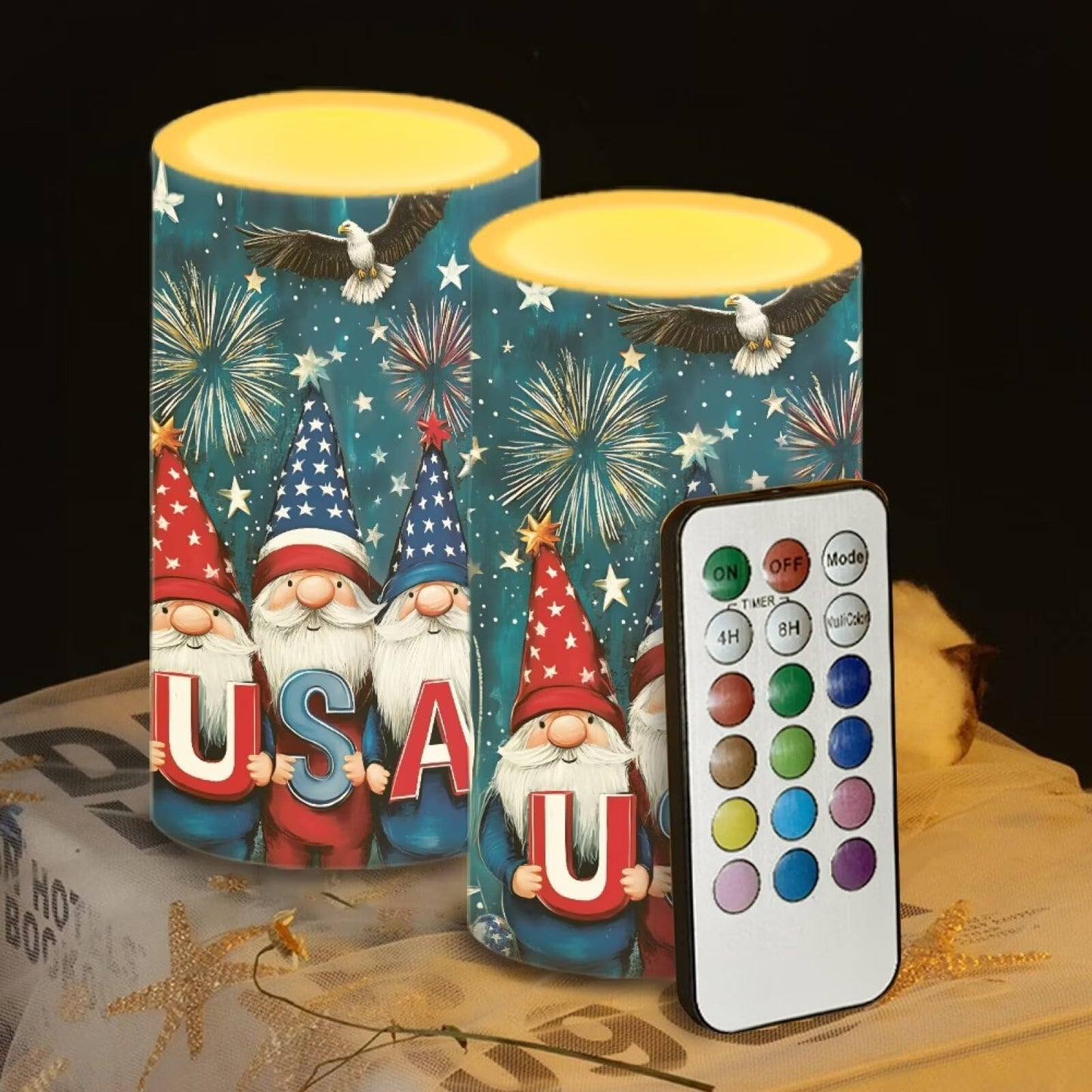 Luarisgur USA Flag Gnomes Battery Powered Candles with Remote and Timer Veterans Day Gifts Decorations LED Flameless Flickering Candles for Indoor Gifts Holiday Decor Home Party Festival Set of 2