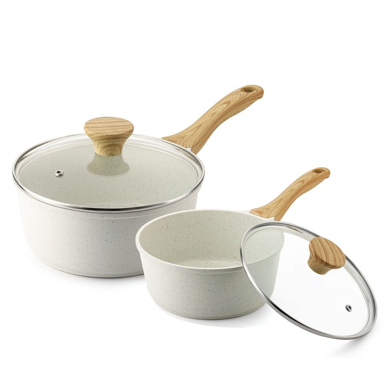 SENSARTE White Ceramic Nonstick Saucepan with Lid Set, Small Cooking Pot with Stay Cool Handle, Induction Compatible Saucepot, White Granite Coating, PFOA/PFAS Free, 2.0 + 2.5QT