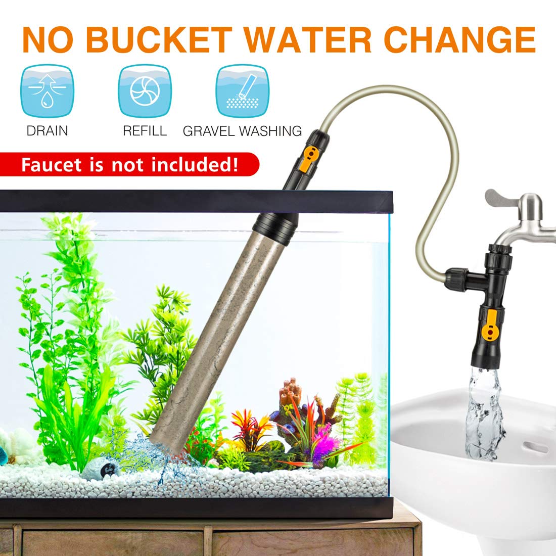 hygger Bucket-Free Aquarium Water Change Kit Fish Tank Auto Siphon Pump Gravel Cleaner Vacuum Tube with Long Hose Water Changer Maintenance Tool 49-FEET Plastic Fitting